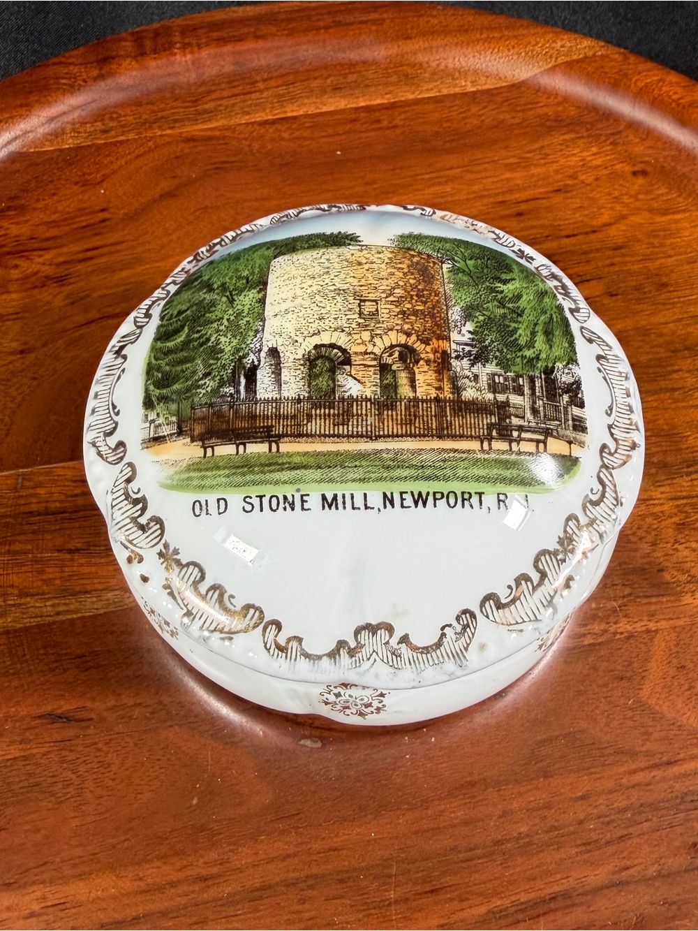 Antique Newport RI Trinket Box- Old Stone Mill Porcelain Souvenir ( 1891-1914)